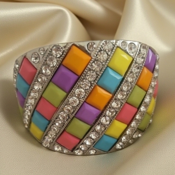 Y2K Multicolor Tile Rhinestone Hinged Cuff Bracelet | Statement Jewelry - Picture 5 of 7